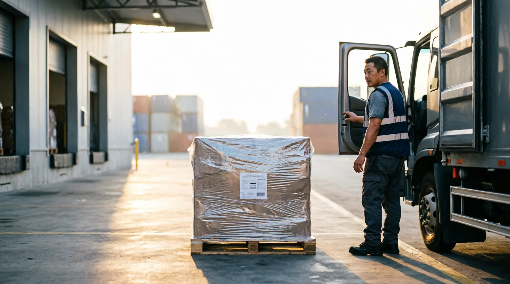 A newly labeled pallet, its shipping tag deliberately turned away from camera.