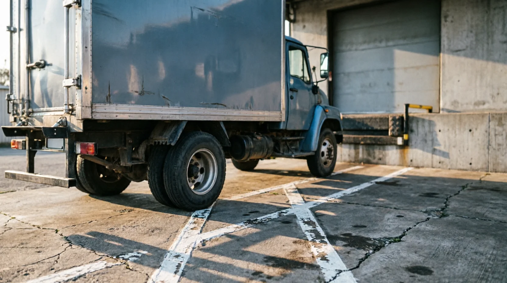 A delivery truck arriving at a warehouse dock in what feels like a routine, repeated moment — long consistent morning shadows.