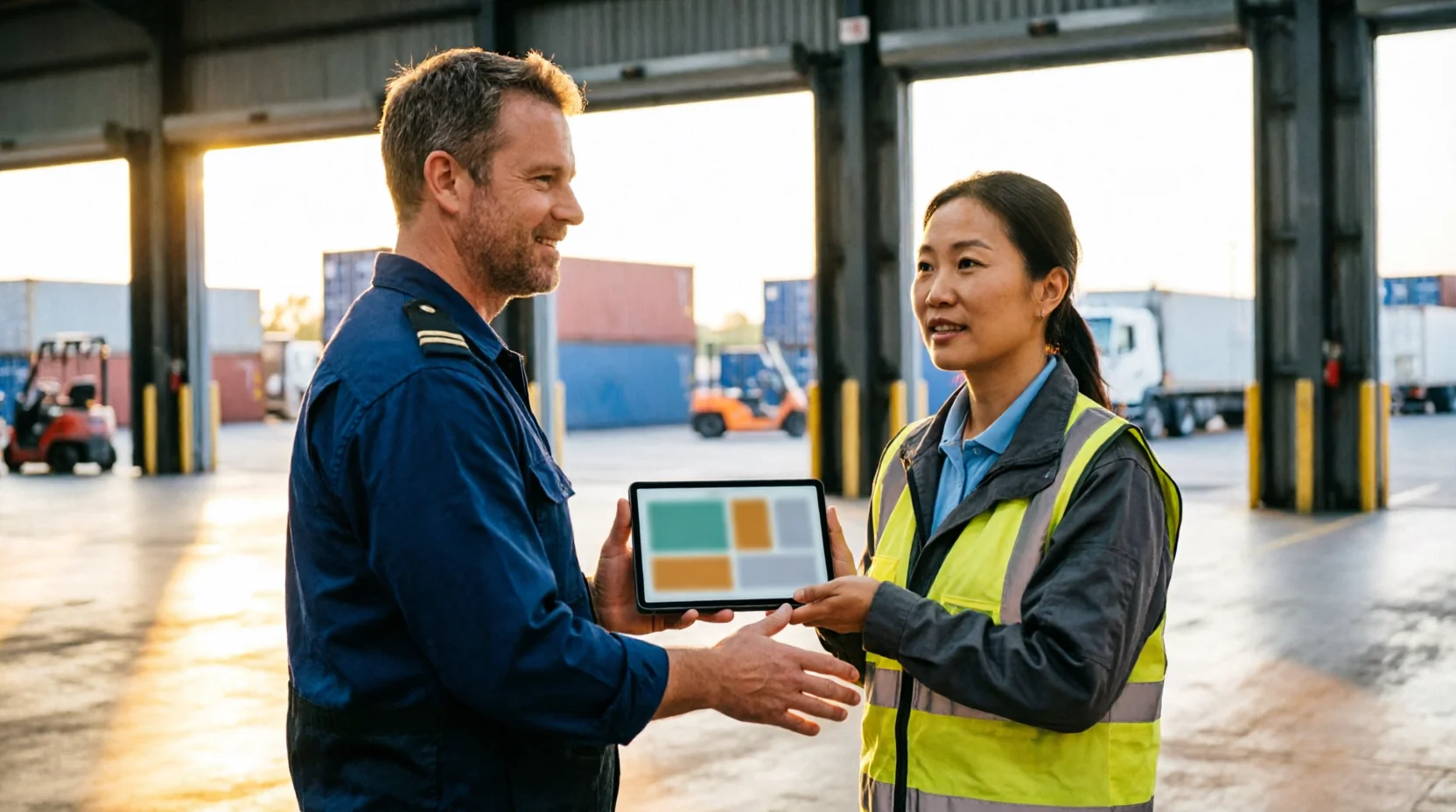 A warehouse manager and a freight coordinator reviewing a tablet screen together at a receiving bay, the screen's content reduced to soft abstract color blocks.