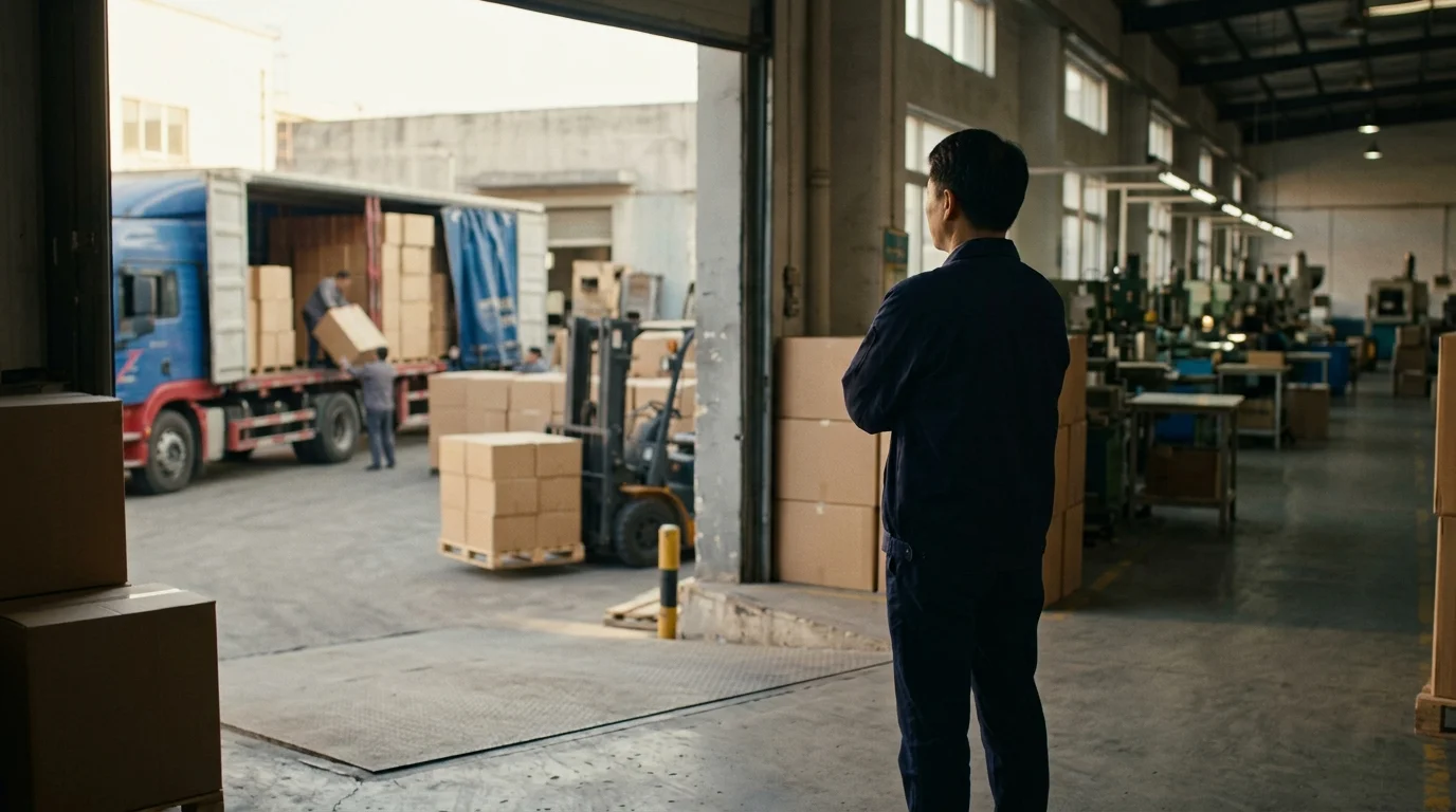 A Chinese factory floor manager standing at an open doorway looking out toward a loading yard where a truck is being loaded, captured from behind at a respectful