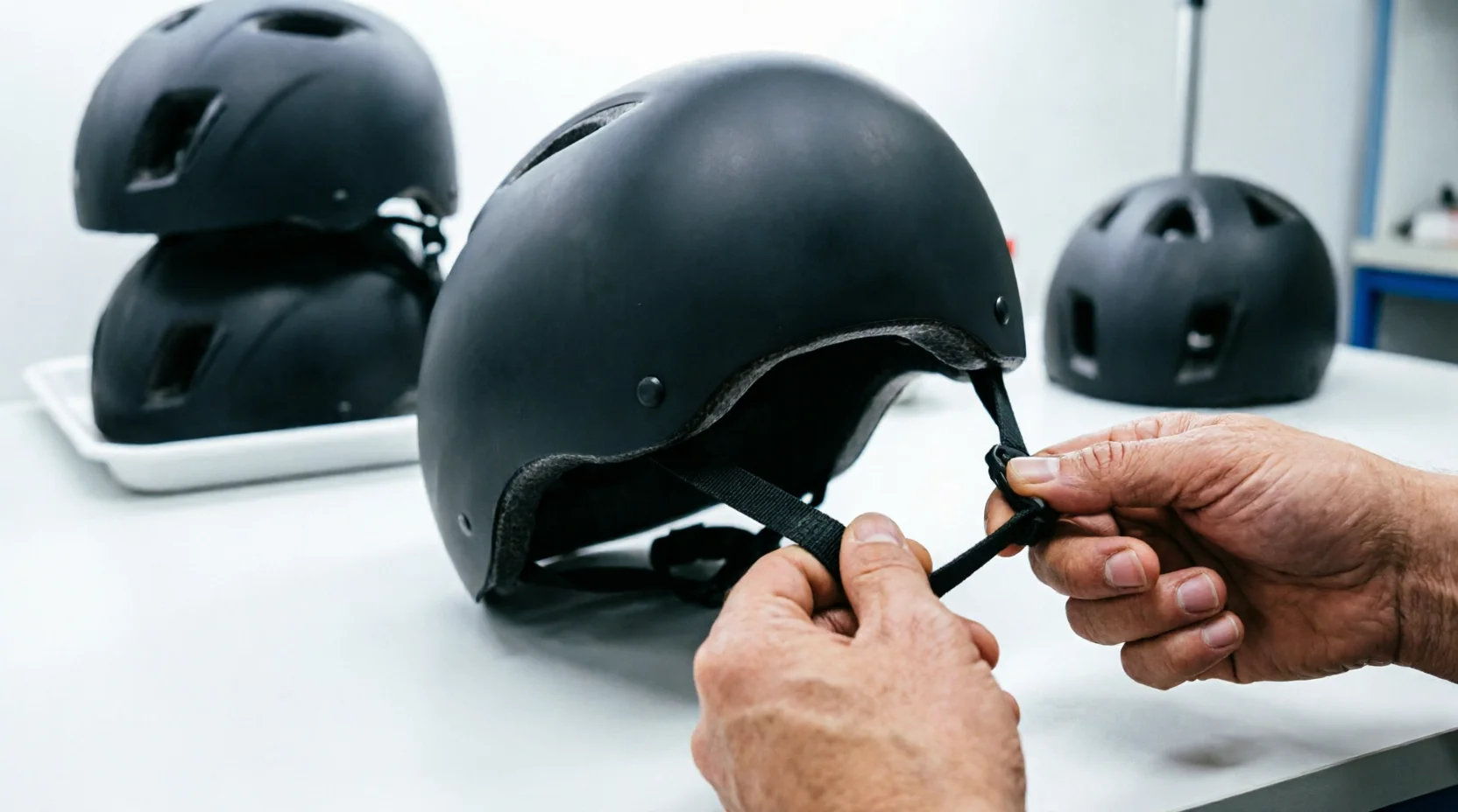 A quality-control technician's hands testing a bicycle helmet's chin strap on a lab bench, the helmet's brand area deliberately turned away from camera.