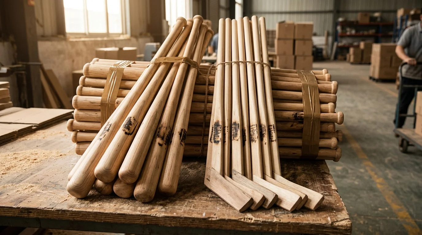 A stack of wooden baseball bats and hockey sticks bundled in a Chinese factory's export-packing area, visible heat-treatment stamp marks rendered as abstract dark