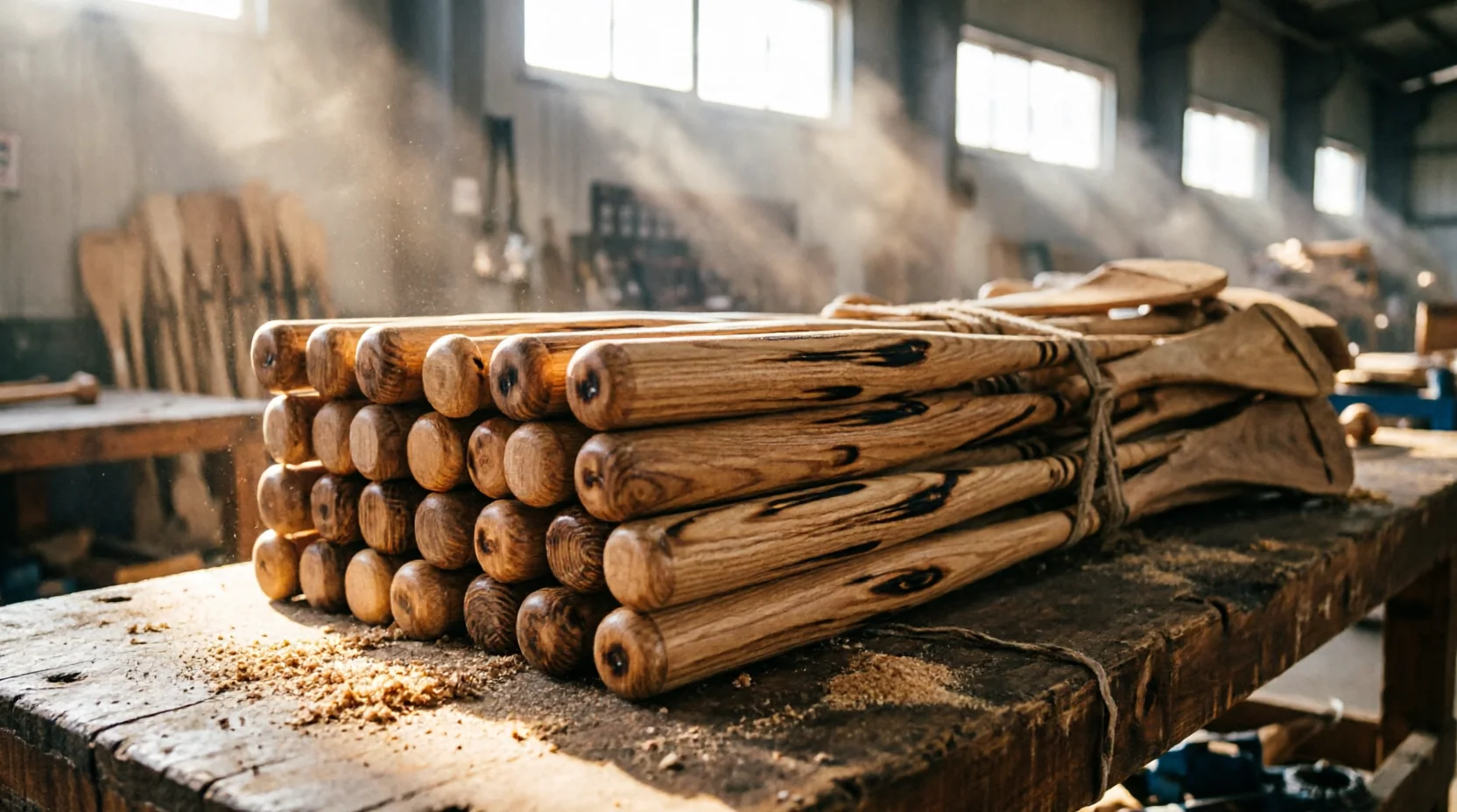 A stack of wooden baseball bats and hockey sticks bundled in a Chinese factory's export-packing area.