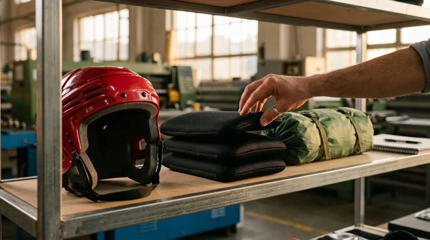 A factory showroom shelf displaying sample sporting goods — helmets, protective pads, a folded tent — arranged for a buyer's inspection visit, warm afternoon light