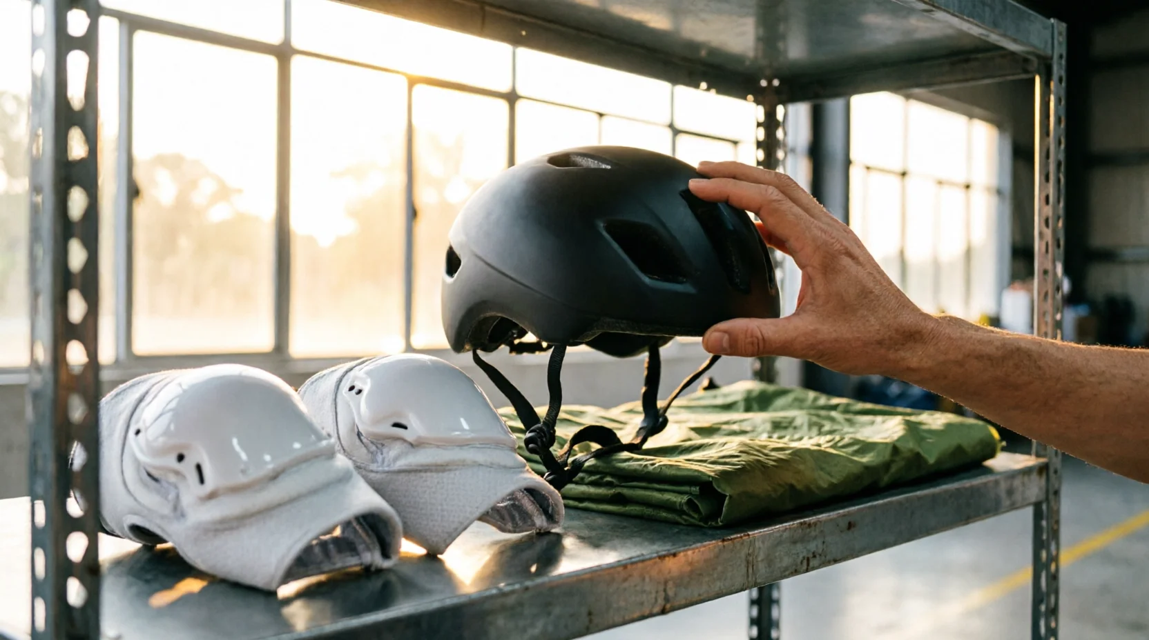 A factory showroom shelf displaying sample sporting goods — helmets, protective pads, a folded tent — arranged for a buyer's inspection visit.