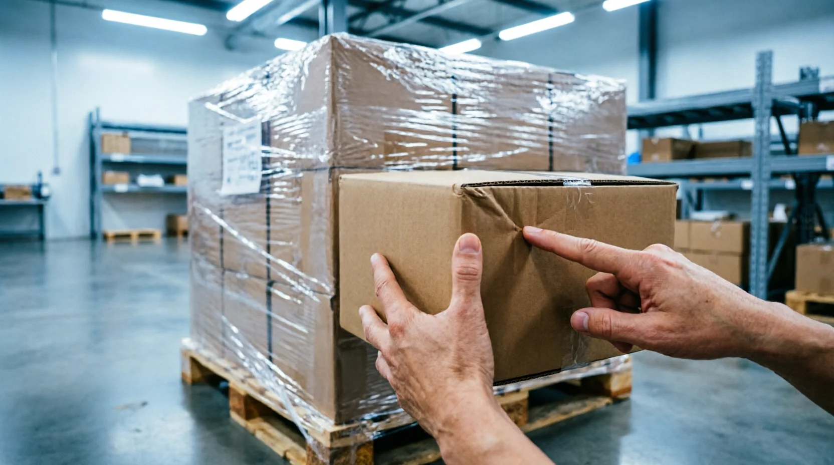 A warehouse quality-check station where a staff member's hands inspect a single carton pulled aside from an otherwise tightly wrapped, intact pallet.