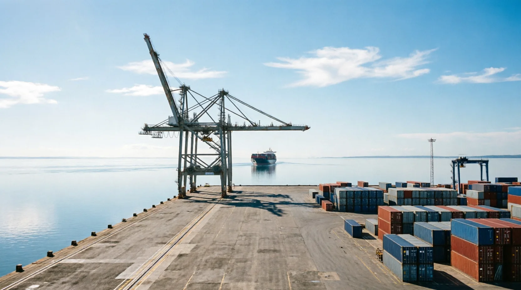 An empty berth at an Australian container terminal on a quiet weekday, a single ship departing in the far distance leaving a soft wake.