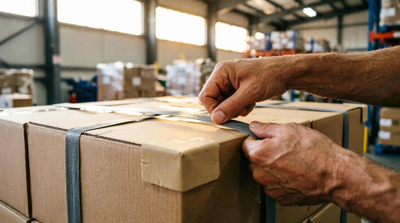 A pair of hands carefully checking the strapping and corner protectors on a palletized shipment before it's wrapped, warm warehouse light.