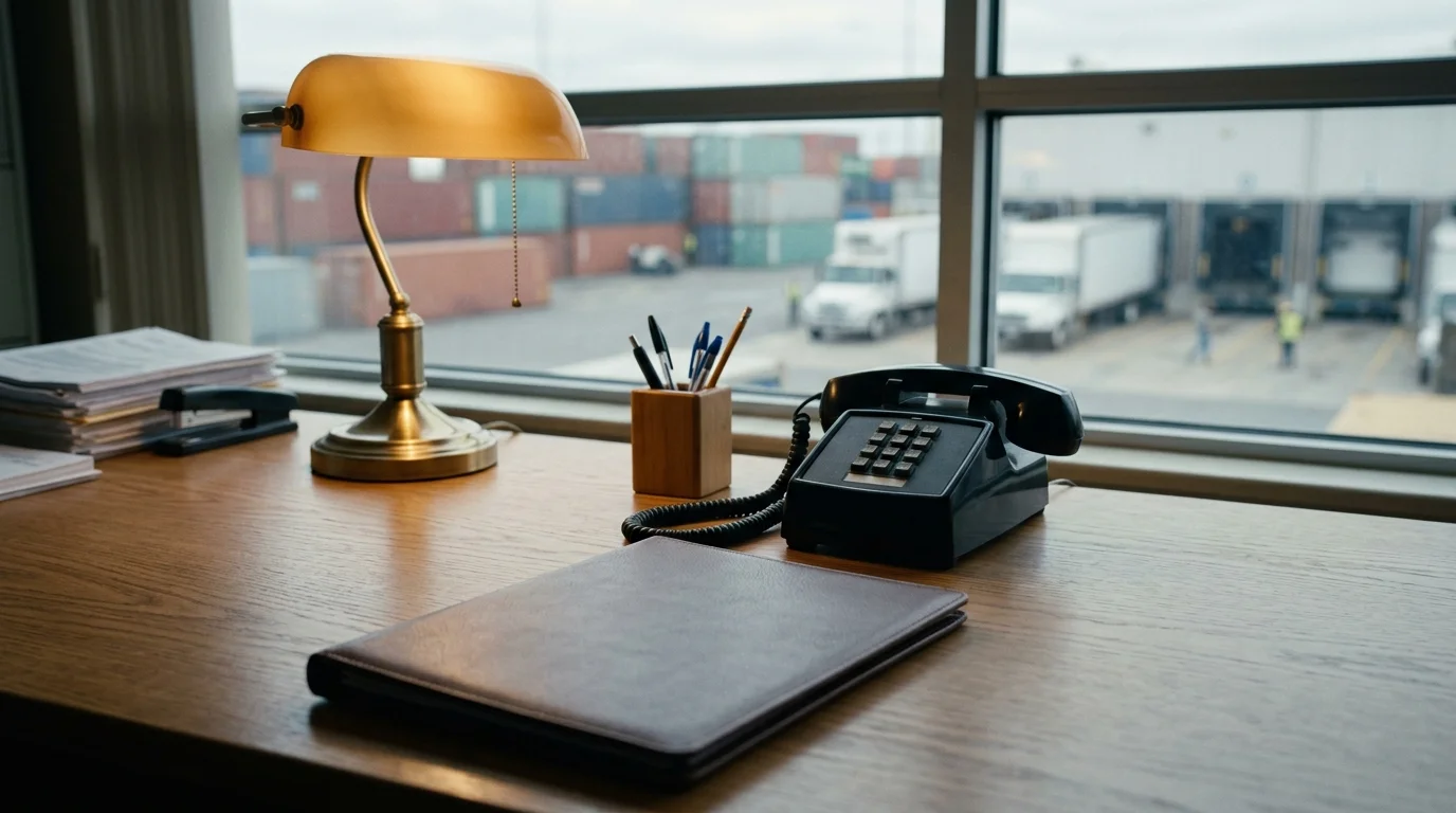 A customs broker's tidy desk with a closed shipping folder and a small unbranded pen holder, warm desk-lamp light against a cooler window-lit background showing a soft