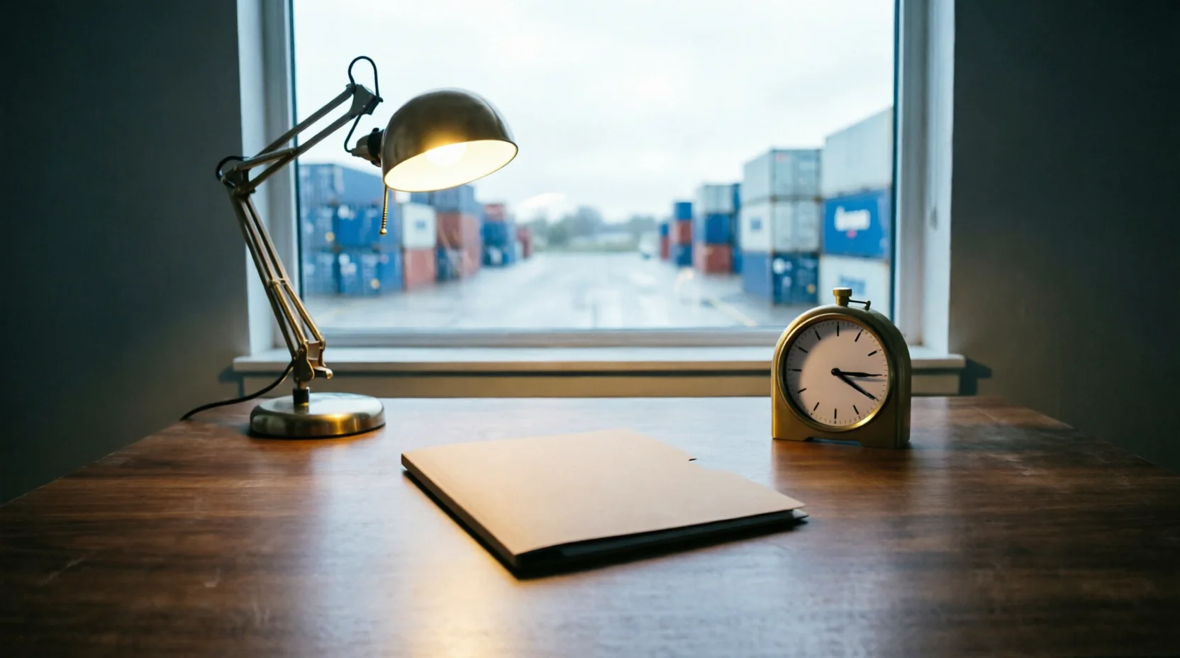 A customs broker's tidy desk with a closed shipping folder and a small unbranded pen holder.