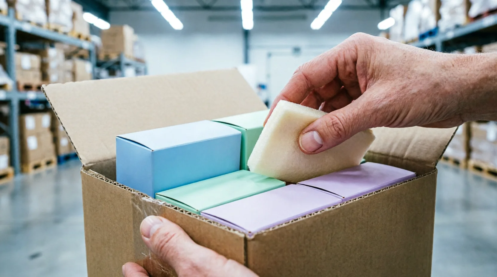 Small pharmaceutical-style cartons of health supplements being packed into an air-freight box at a US warehouse.