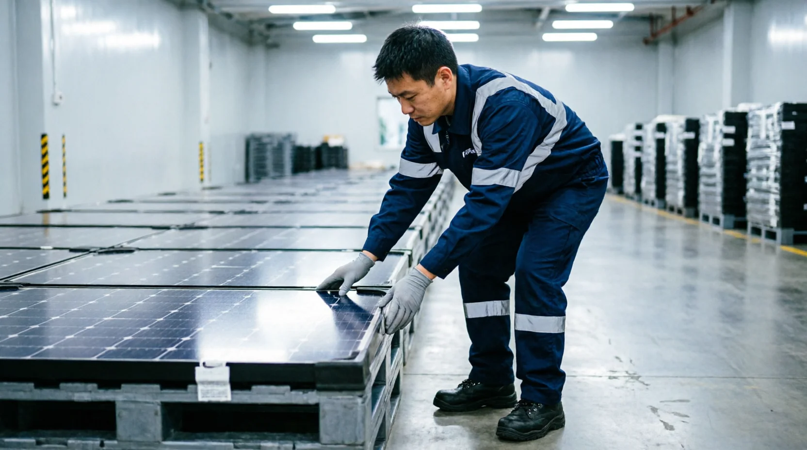 A warehouse technician methodically checking each solar-panel pallet's protective corner guards along a row before shipment.