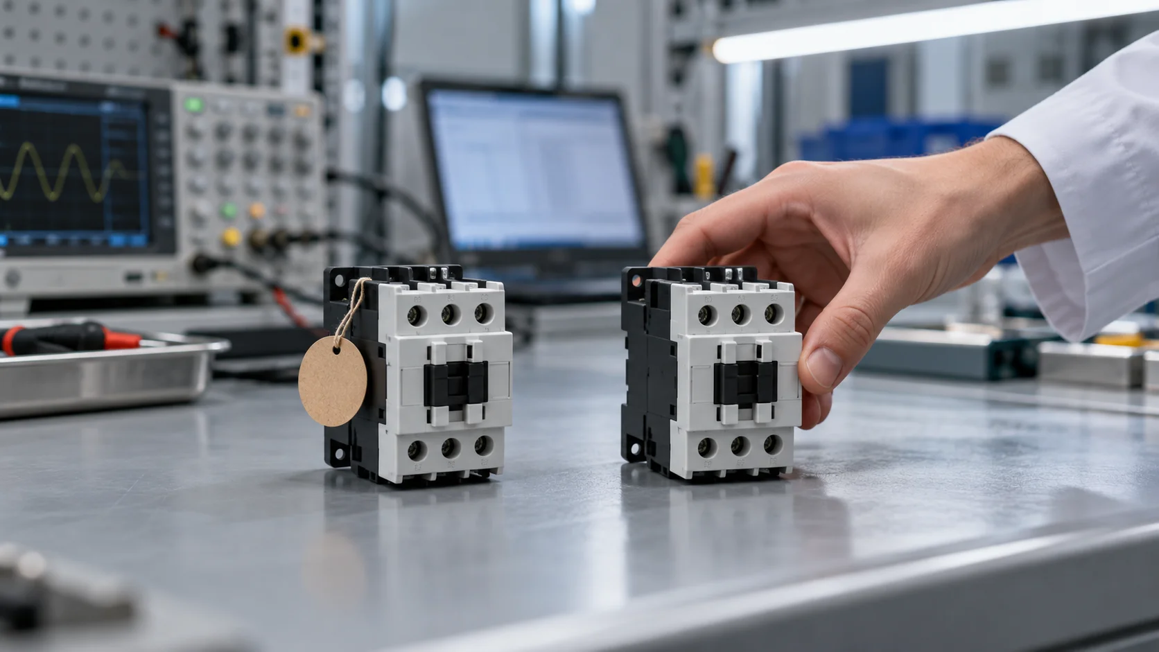 Two nearly identical electrical devices sitting side by side on a testing bench, one with a small compliance tag attached and one without, clean clinical lab lighting, a