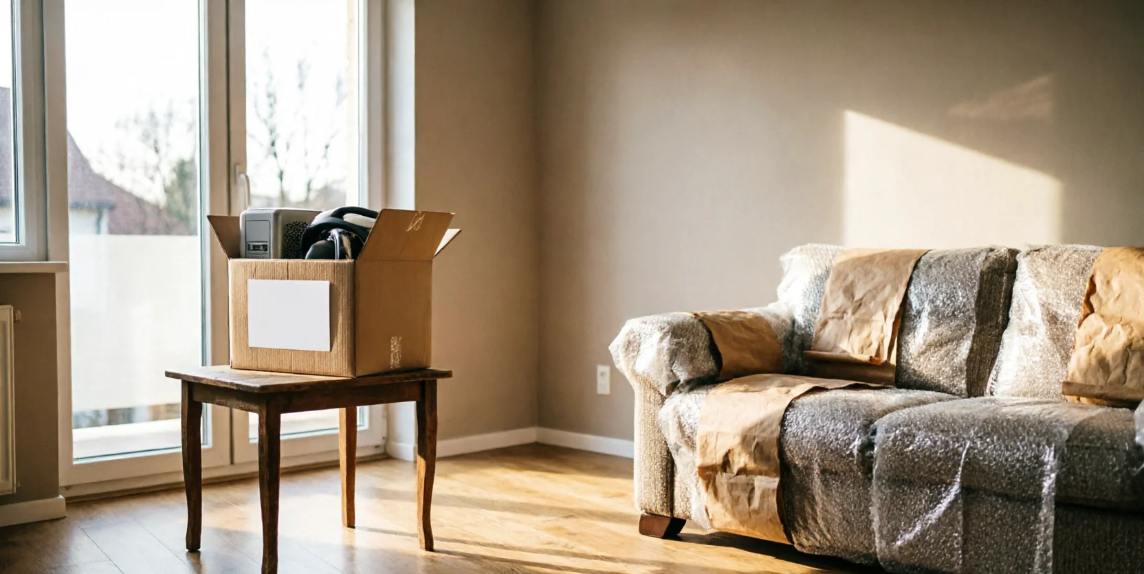 An open box of small electricals with a blank sticker sits on a side table near a sofa wrapped in packing paper.