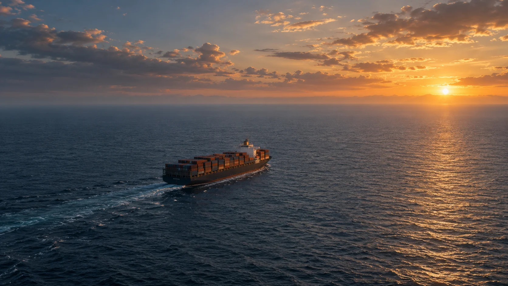 A distant container ship crosses open ocean under a glowing orange sunset sky.