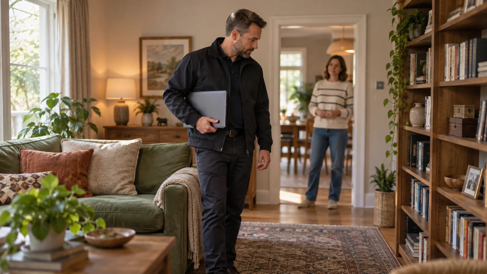 A man carrying a laptop inspects a living room's sofa and shelving while a homeowner waits in the doorway.