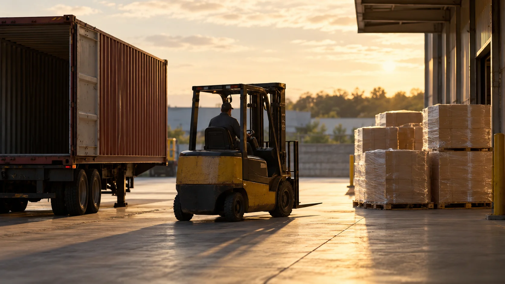 Forklift beside an open container on a trailer with wrapped pallets at the dock, illustrating full container versus smaller loads