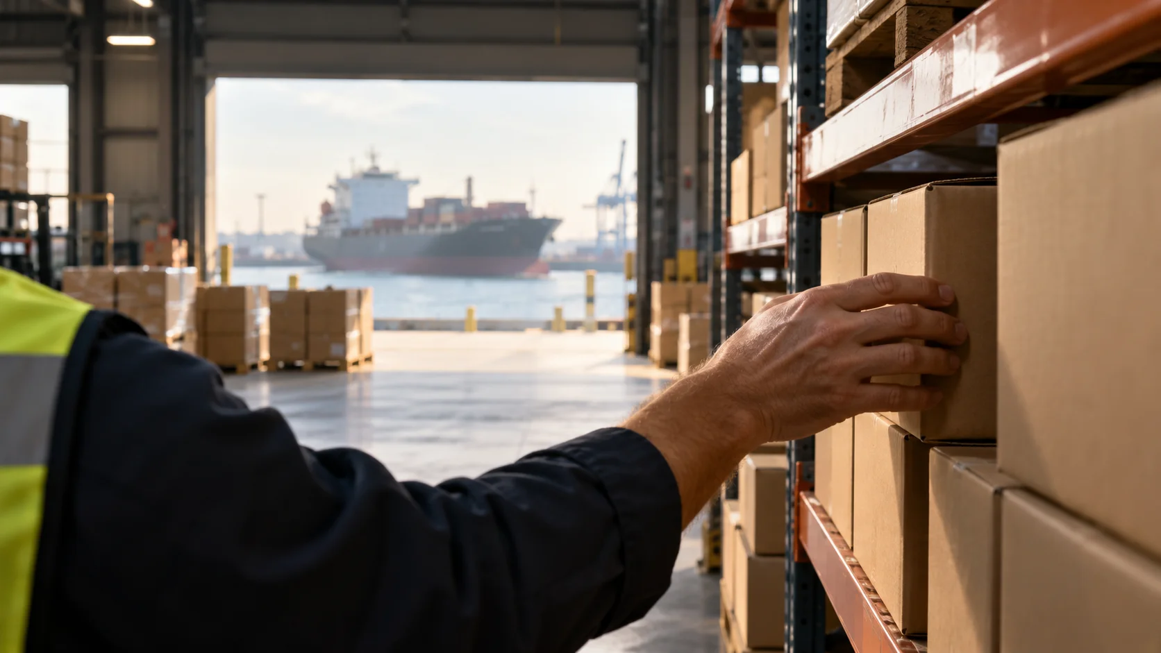 Hand on a carton in warehouse racking with a cargo ship in view past the dock door, showing stock held while awaiting shipping
