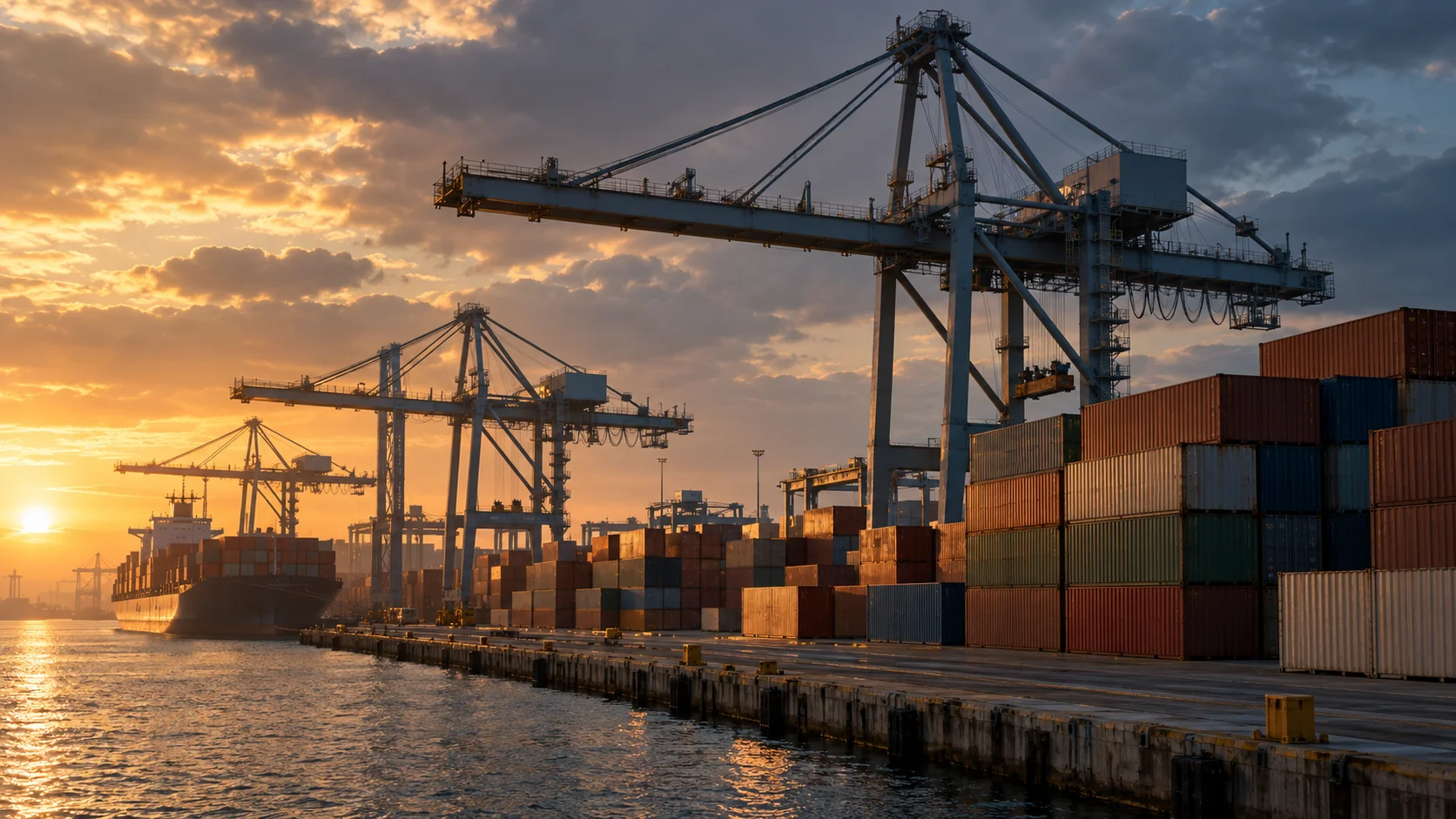 Gantry cranes and stacked containers on a quayside beside a cargo ship at sunset, illustrating port activity behind freight rates