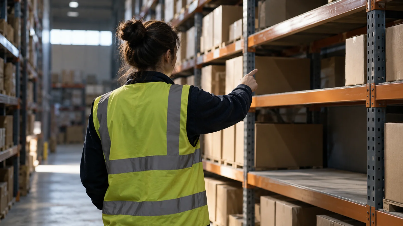 Worker in a hi-vis vest pointing at cartons on tall racking beside an empty shelf, showing the stock checks that trigger a review