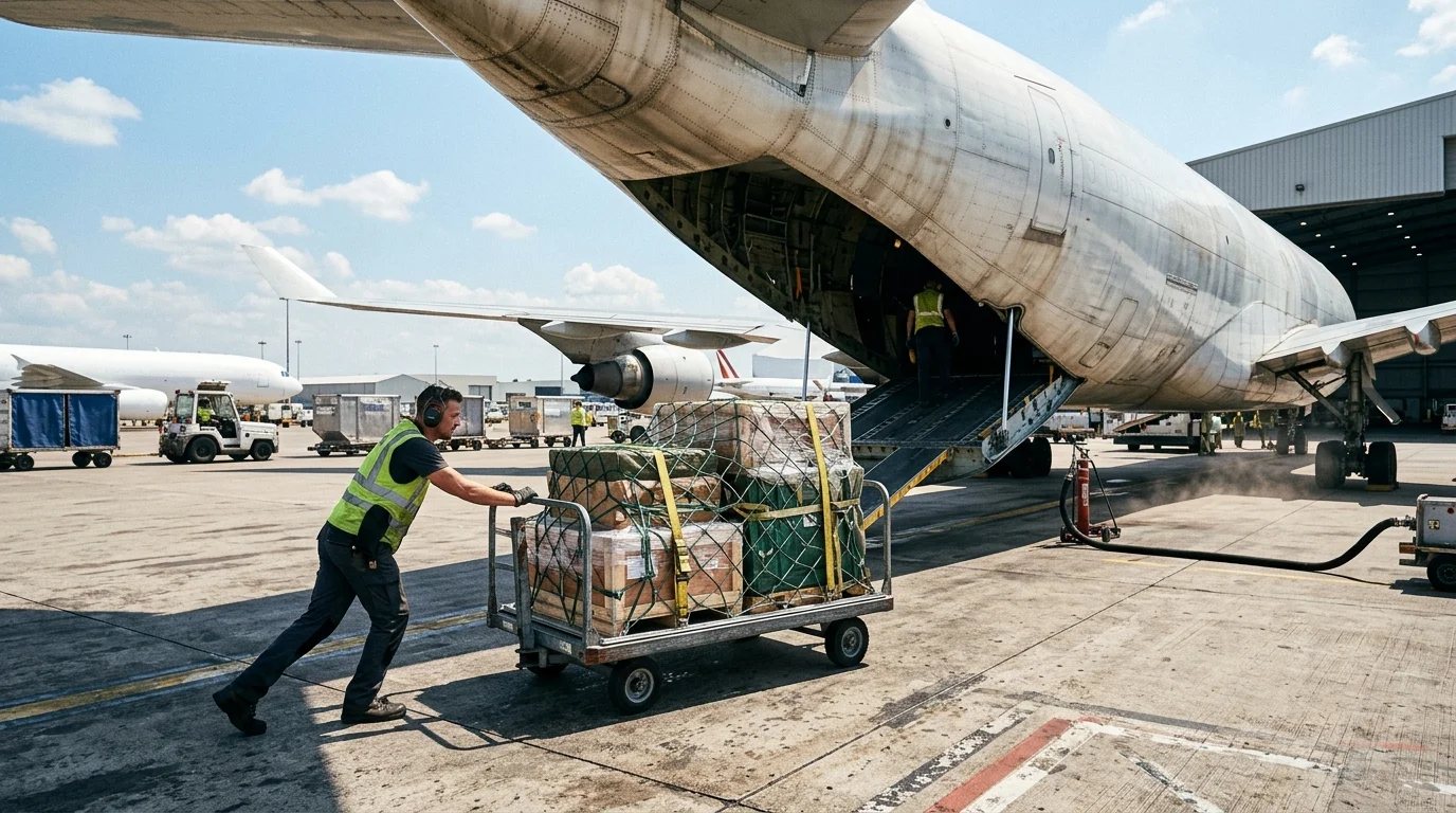 A ground handler pushes a cart of netted, strapped cargo across the tarmac toward a cargo plane's open hold.