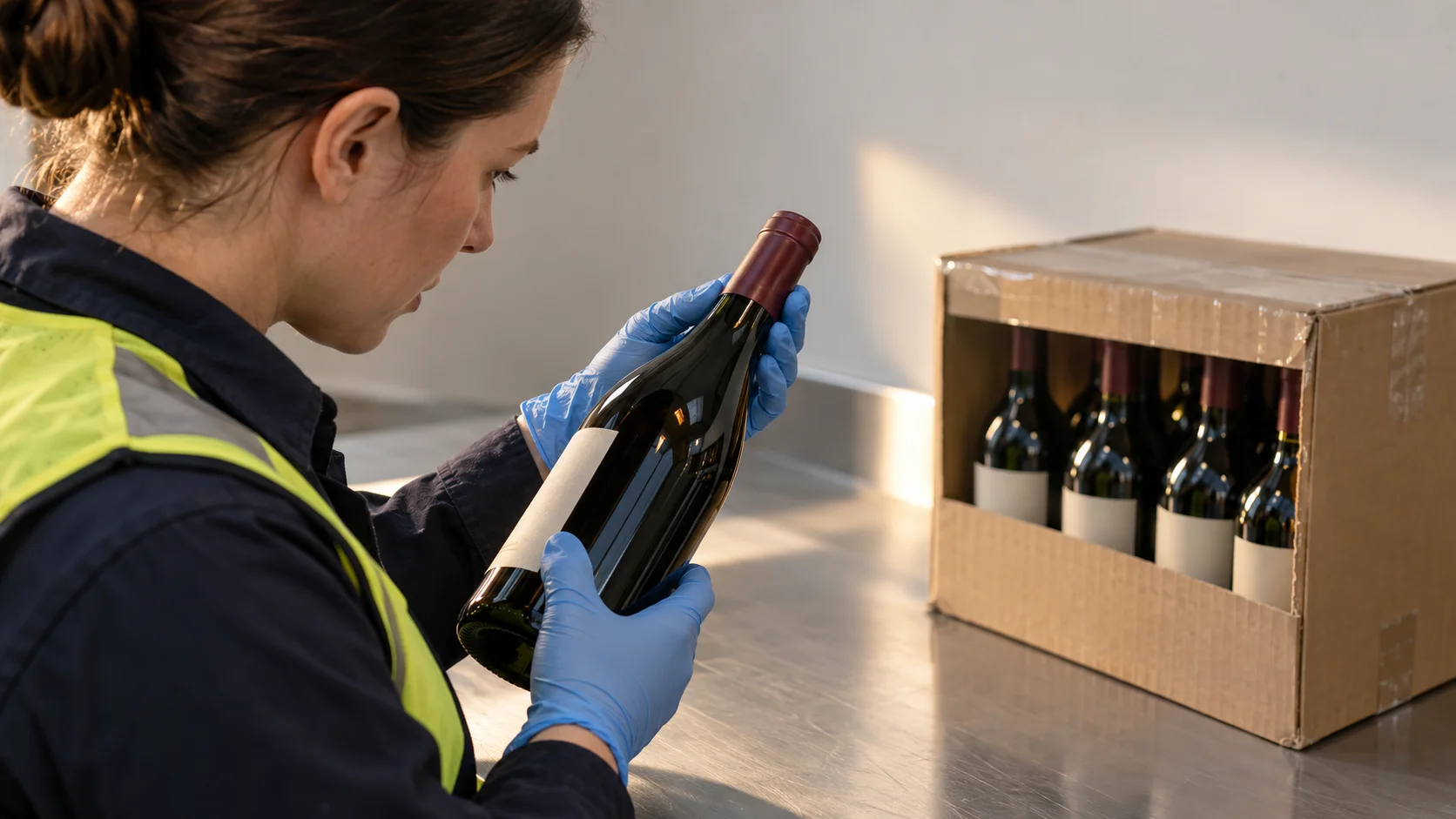On an inspection bench inside an Australian biosecurity-cleared facility, a staff member checks a single wine bottle's cork and capsule closely under bright, even light,