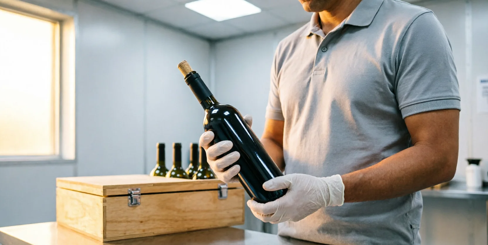 A gloved person examines the cork of a wine bottle beside a wooden case of unopened bottles.