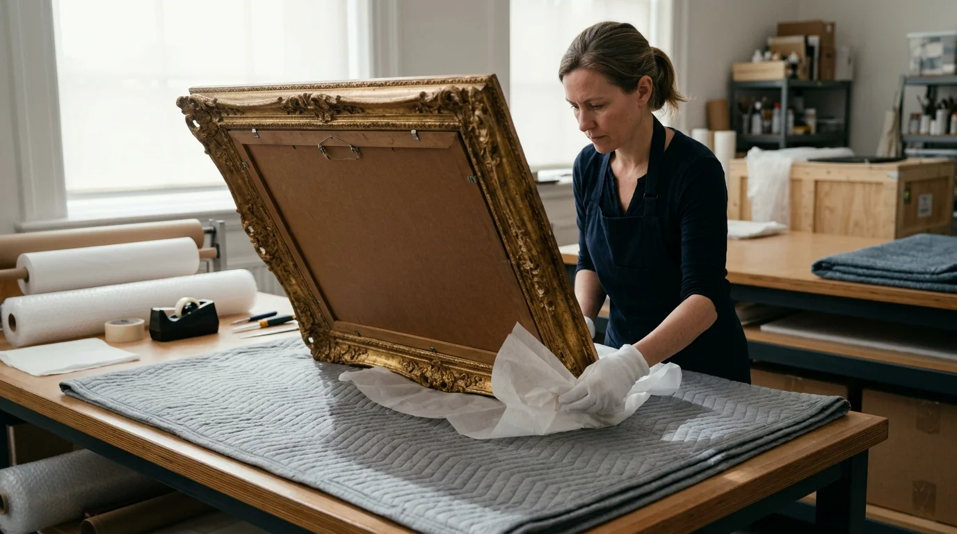 A gloved conservator wraps the back of an ornate gilded picture frame in tissue paper on a padded worktable.