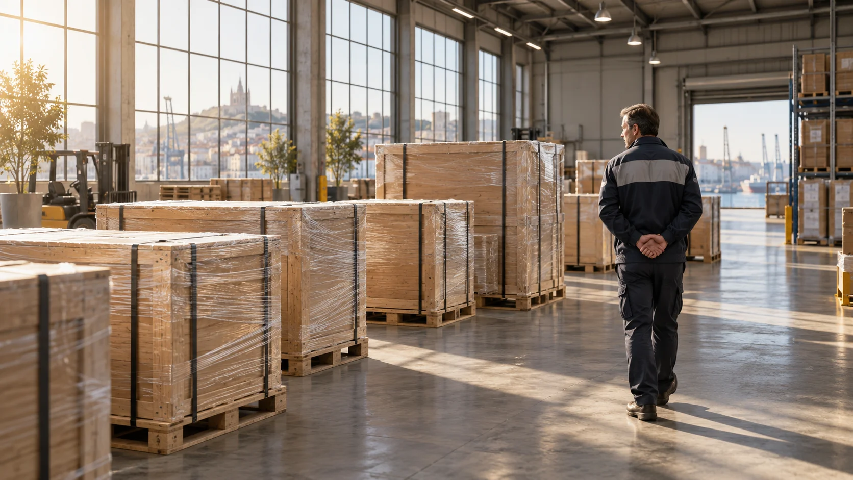Seen from behind with hands clasped, a worker walks past a row of wrapped wooden shipping crates in a sunlit warehouse overlooking a coastal city.