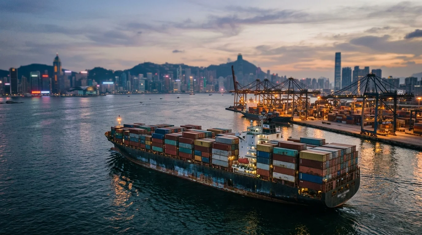 Container ship departing Hong Kong harbour at dusk bound for Australia