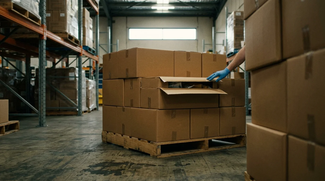 Warehouse worker inspecting an opened carton on a pallet of Hong Kong-origin goods