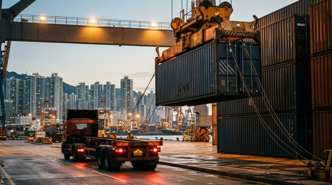 Crane loading a shipping container onto a truck at a Hong Kong container terminal