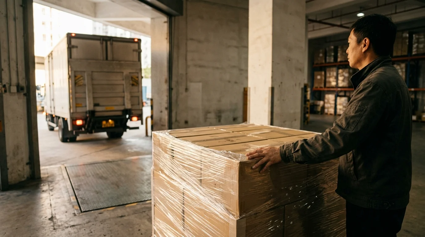 Worker with a shrink-wrapped pallet watching a delivery truck depart a Hong Kong warehouse