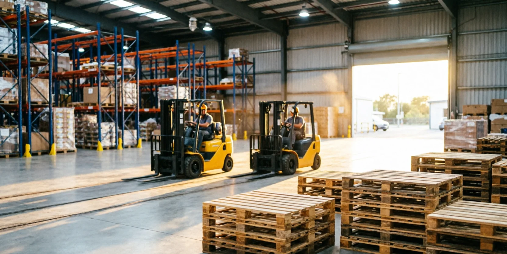 Two forklifts move in parallel down a busy warehouse aisle, sunlight entering through an open bay door.