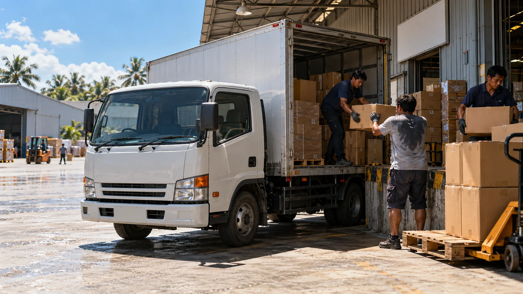 A Thai warehouse loading dock shimmers faintly with visible heat haze rising off the concrete apron in intense midday sun, a single truck being loaded with brisk
