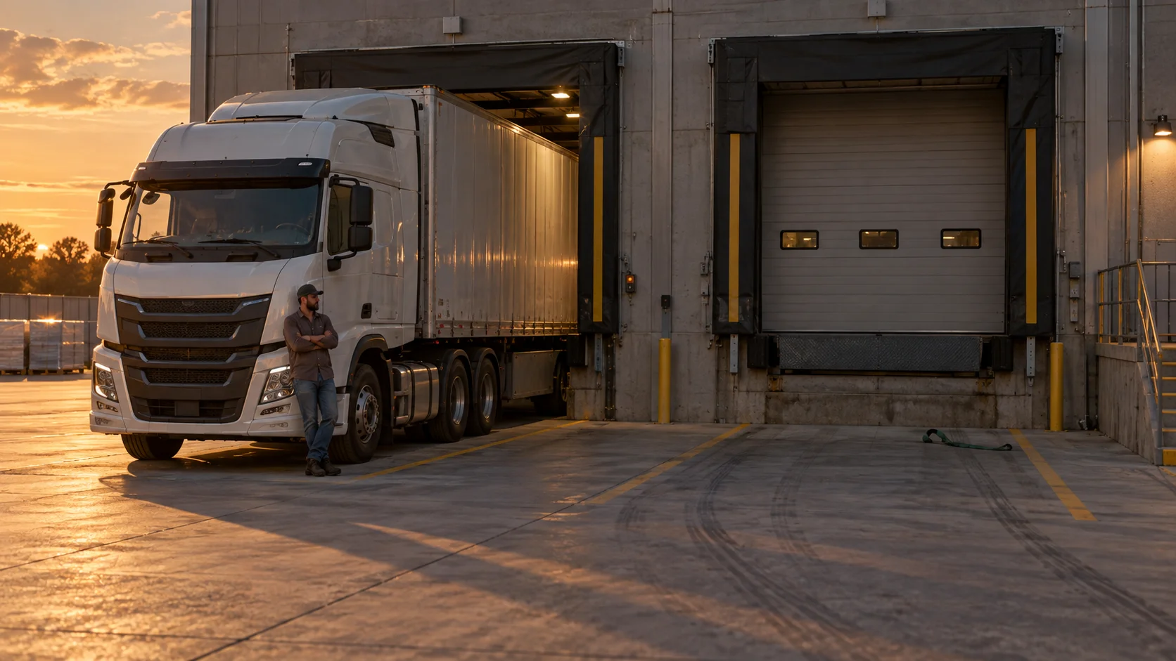 A driver leans against his truck at a loaded dock bay while the adjacent bay sits empty, at sunset.