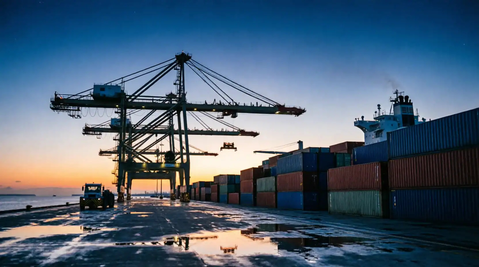 A container ship or port at dawn or dusk with dramatic seasonal light — the visual metaphor for a shipping year with distinct seasons