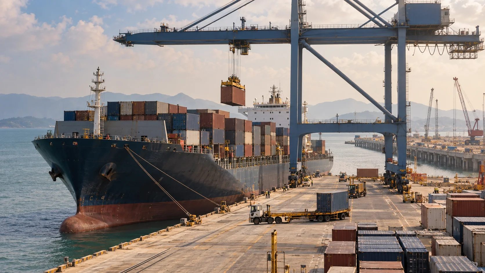 A mid-sized container terminal at a Vietnamese deep-water port, a single vessel alongside taking on containers via one working crane, tropical humidity softening the