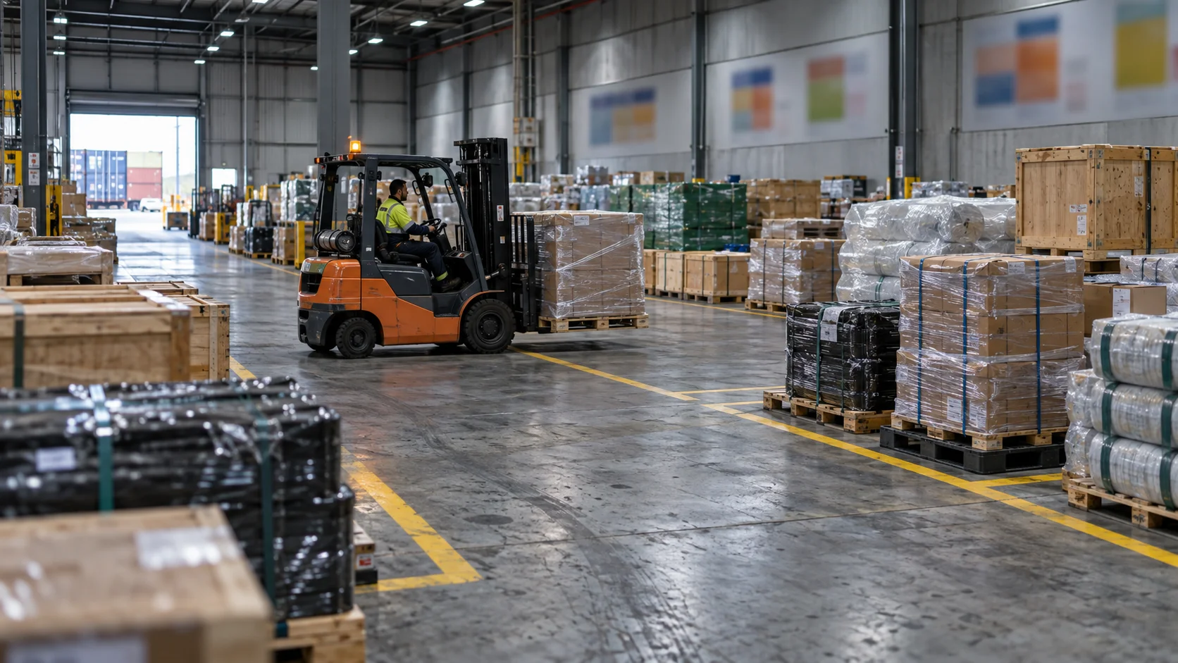 Inside a freight consolidator's warehouse, cargo destined for different Australian ports sits grouped in clearly separated bays marked only by painted floor lines, a
