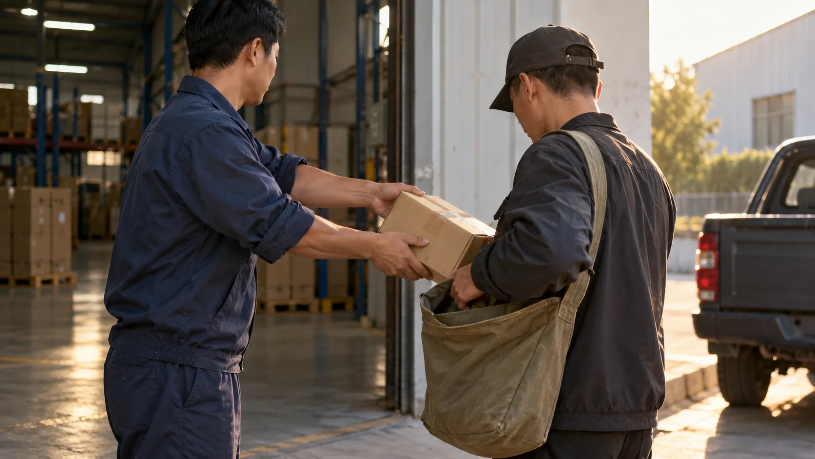 Warehouse worker handing a small carton to a courier with a shoulder bag at the loading door, a sample leaving by courier