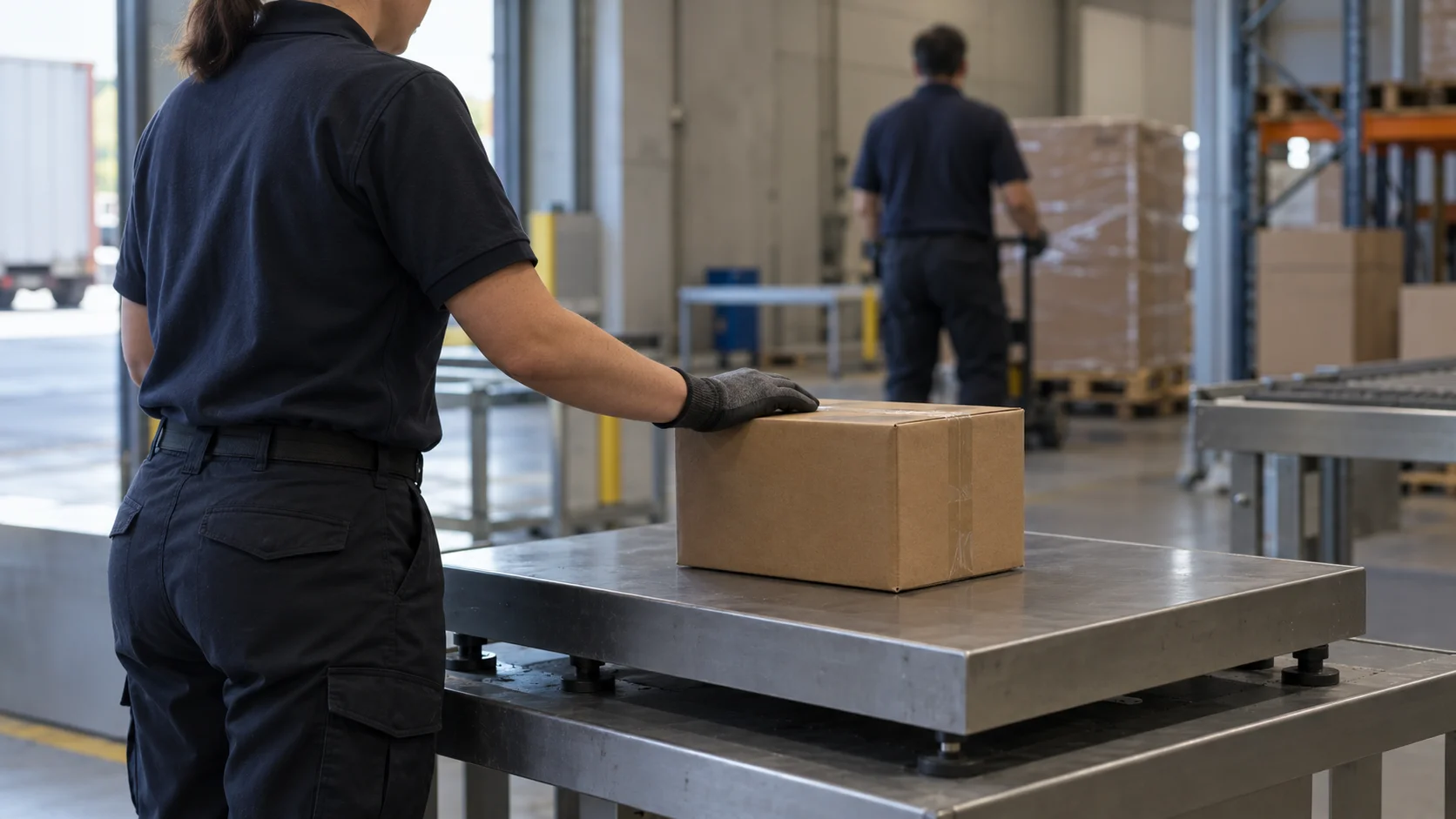 Worker resting a gloved hand on a taped carton on a platform scale in a warehouse, a sample being weighed for customs