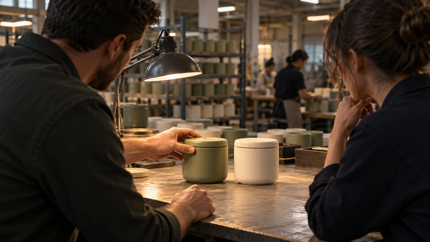 Buyer and supplier comparing a green and a white lidded sample jar under a desk lamp on a factory workshop bench