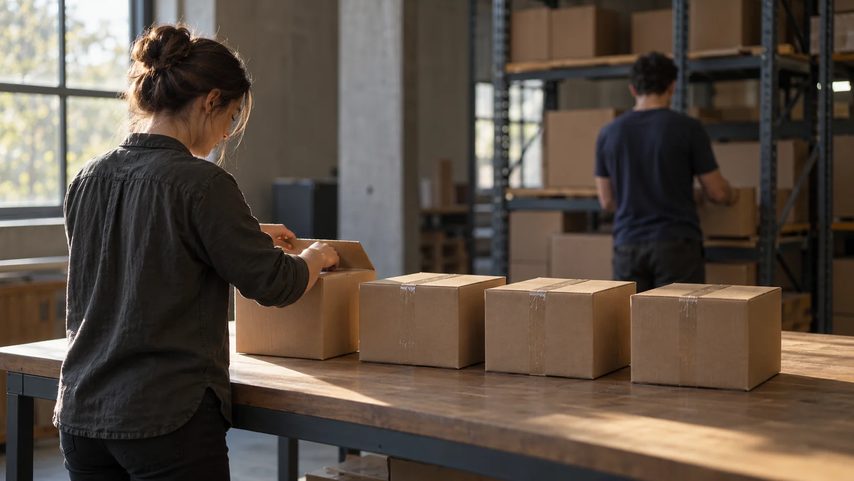 Woman opening one of four sample cartons lined up on a warehouse bench while a colleague pulls stock from the shelving