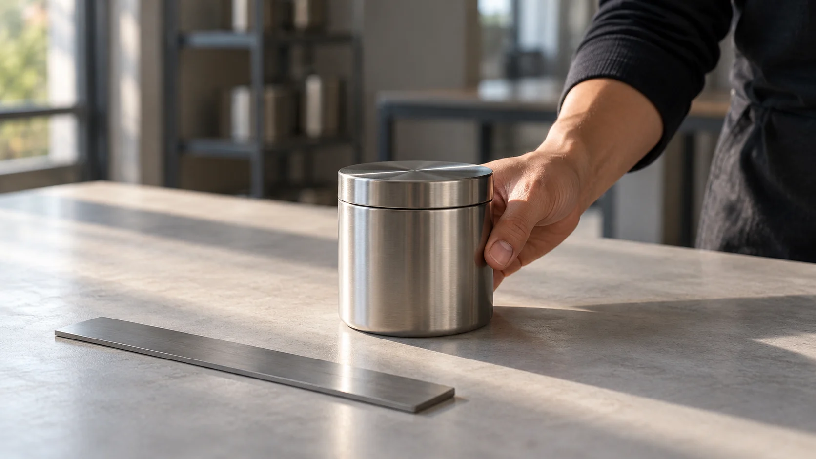 Hand steadying a brushed steel lidded canister beside a flat steel ruler on a bench, a reference sample held for comparison