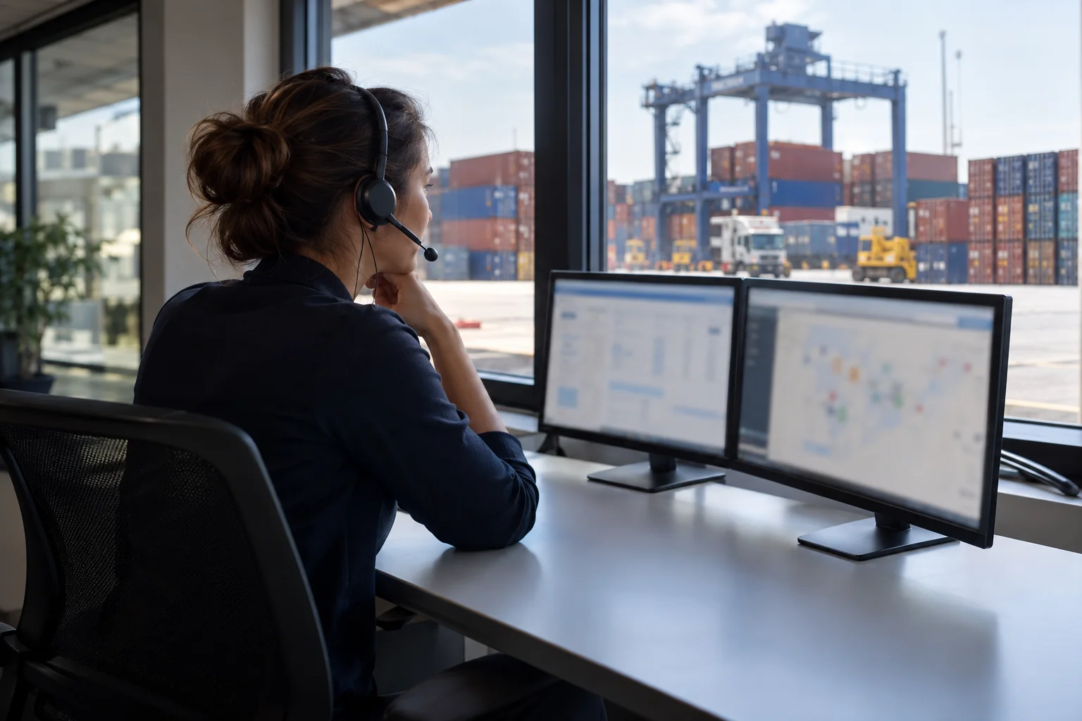 Woman in a headset watching two monitors by a window over a container terminal, tracking transit times with a forwarder
