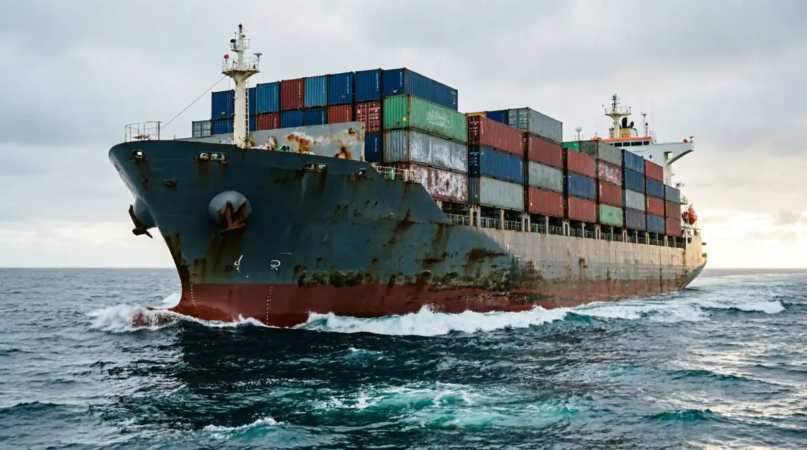 A container ship rounding the Cape of Good Hope or sailing the Southern Ocean — dramatic documentary-style imagery of the actual route European goods now travel