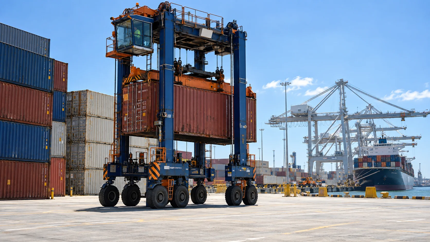 A container terminal at an Australian dock under a clear dry-climate sky, a straddle carrier mid-motion lifting a container, ship cranes visible at mid-distance with