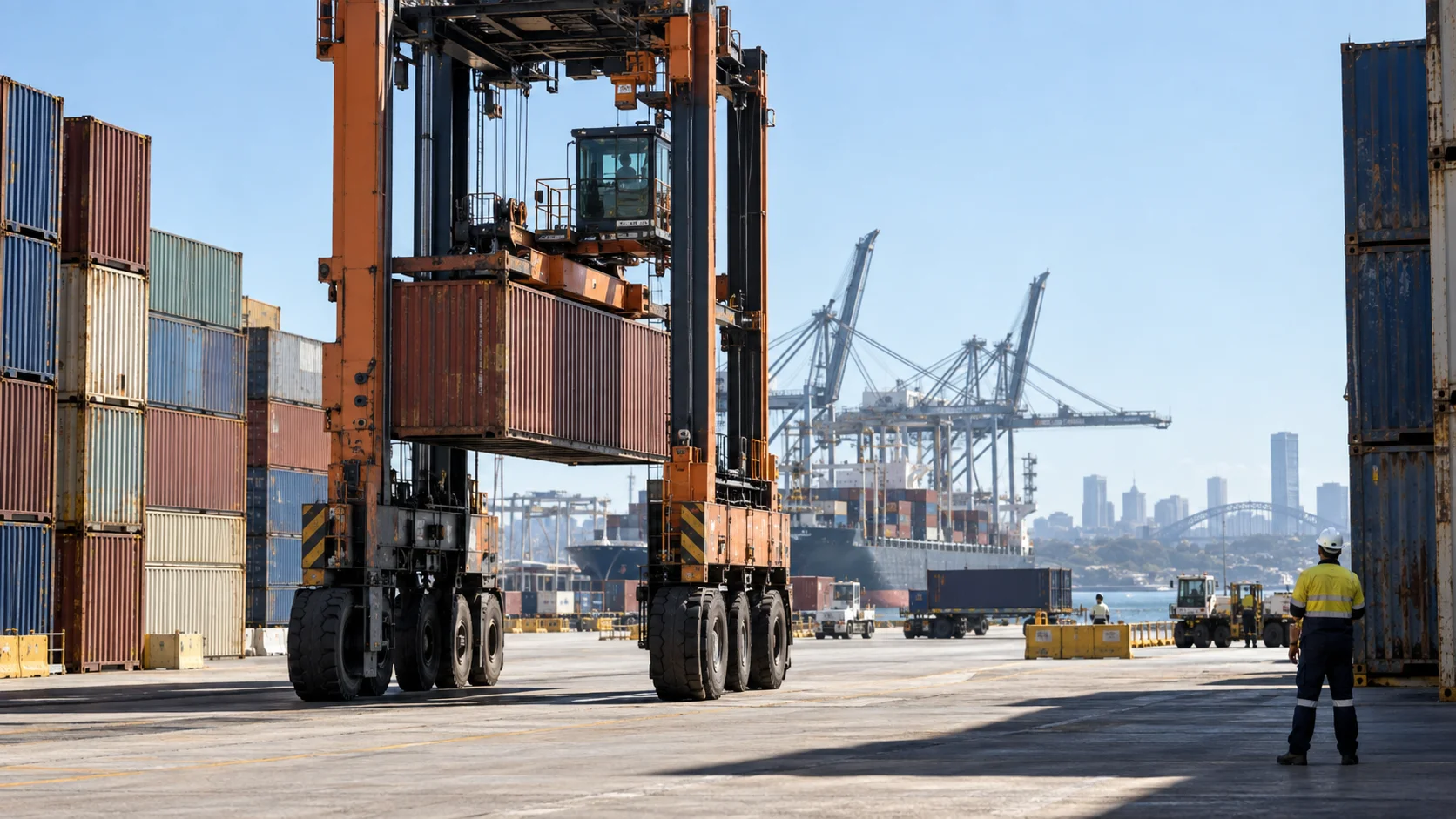 Container terminal at an Australian dock under a clear sky