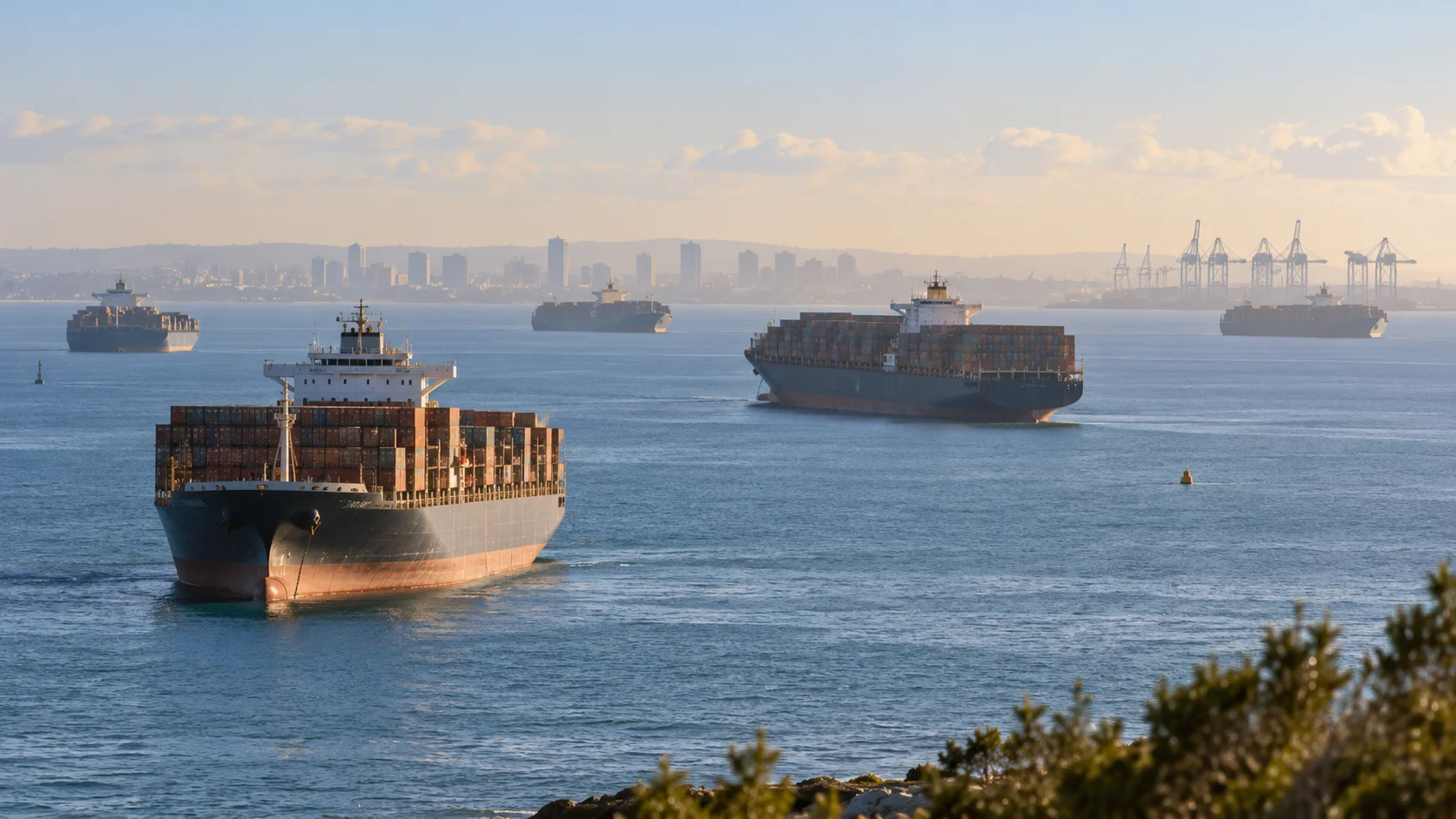 Wide shot of several container ships at anchorage outside an Australian port under hazy midday light