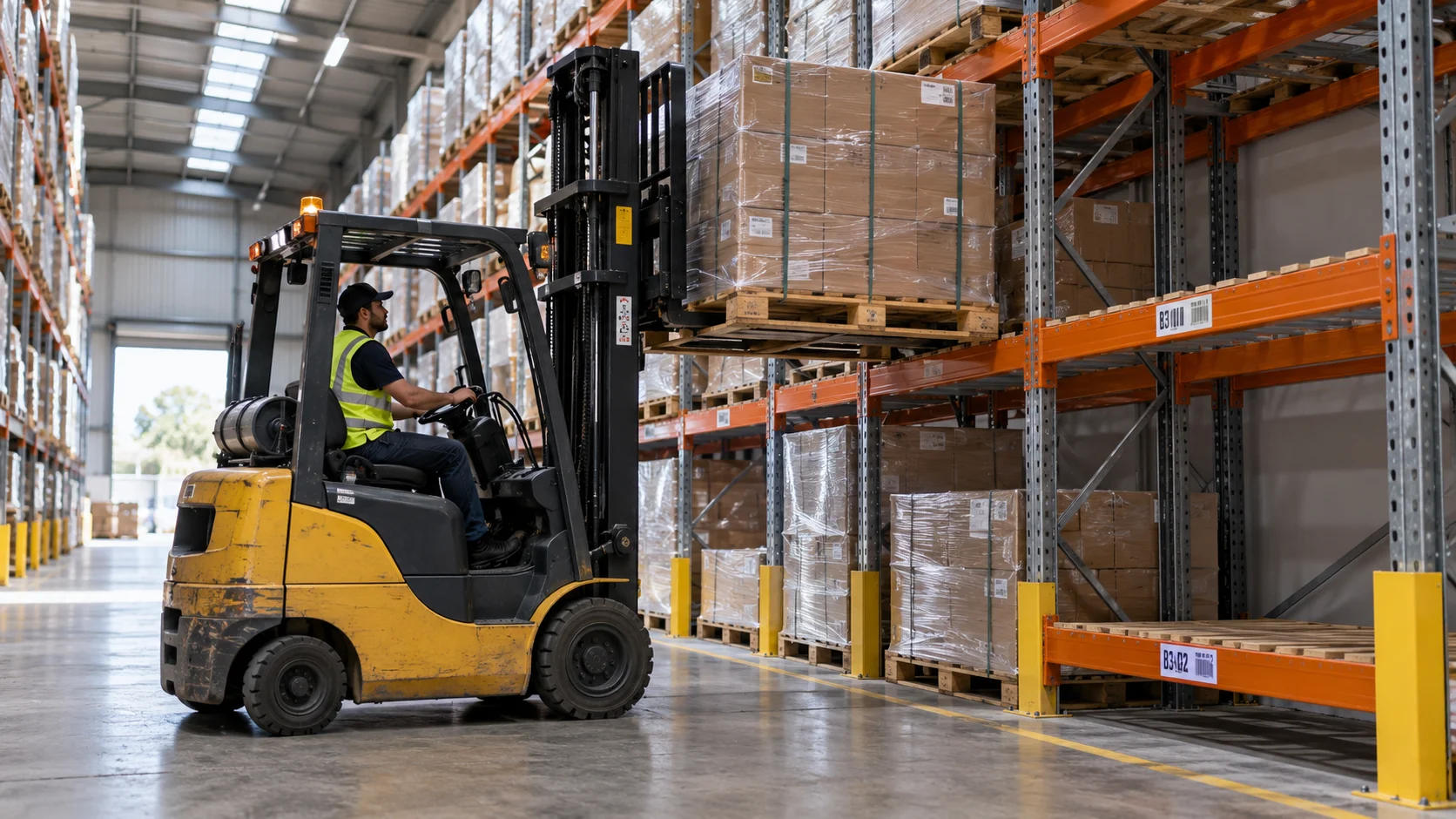 An organized Australian warehouse interior, rows of palletized stock on industrial racking, a forklift naturally mid-motion placing a pallet into a marked buffer-storage zone